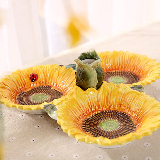 Amoyy Ceramic Sunflower Three lattice Decorative Plate